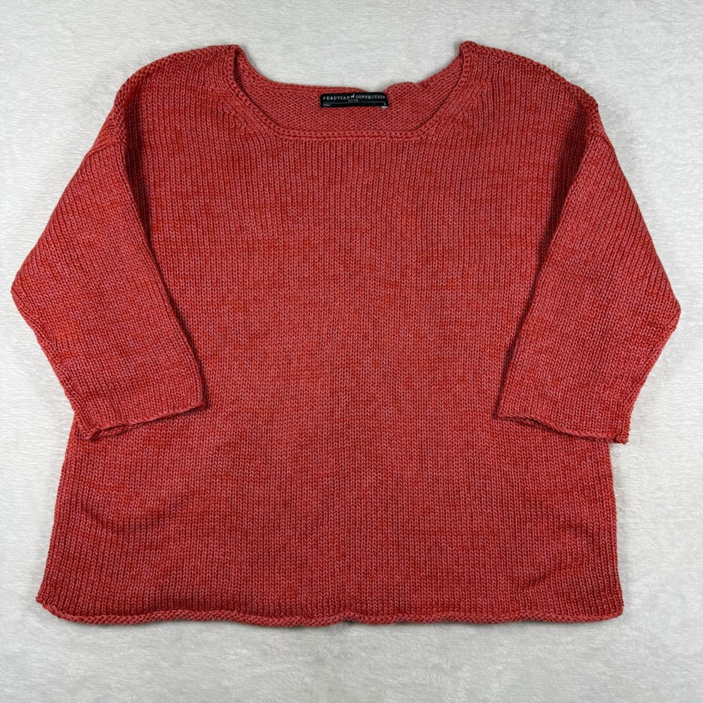 Peruvian Connection Pima Cotton Chunky Knit Sweater Coral Pink 3/4 Sleeve Med
